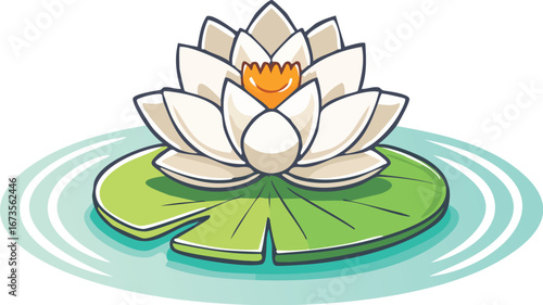A white water lily or lotus flower on a lily pad. A vector illustration symbolizing peace, yoga, and zen. A beautiful, natural plant for a spa concept. Generative AI