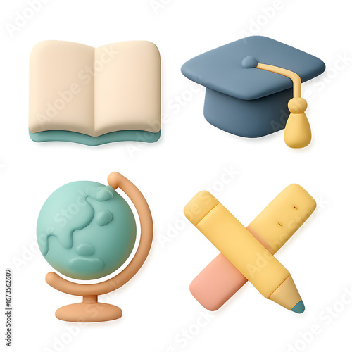 Education clay pastel icons set isolated on transparent background open book graduation cap globe and pencil ruler soft 3D style