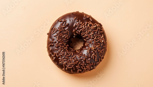 Delicious chocolate sprinkled donut studio setting food photography minimalist background top view indulgence concept