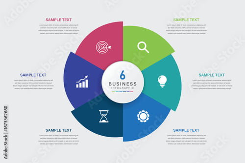 Modern 6 Step Circular Business Infographic Template with Icons and Text