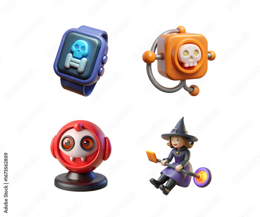 Obraz premium Witch Hat and Magic Spell Halloween 3D Icon Set – Cute Holiday Pack
