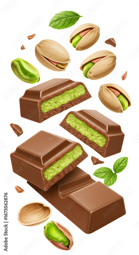 Fototapeta premium Chocolate bar with pistachio filling surrounded by shelled and unshelled pistachios and fresh green leaves, perfect for food packaging or dessert promotions
