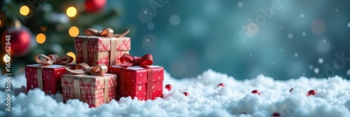 Snowy Christmas background, gift boxes, copy space, scene, copy space, background