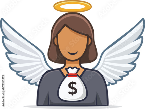 An angel investor cartoon character with a money bag. A vector illustration symbolizing a business startup, funding, and financial success. Generative AI