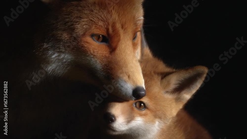 Watch as these two foxes connect in an intimate scene. An enchanting glimpse into the world of wildlife. Ideal for nature documentaries and educational content. AI