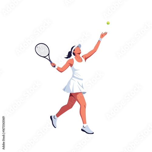 A woman in a white tennis dress prepares to serve a tennis ball with her racket raised.