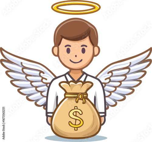 An angel investor cartoon character with a money bag. A vector illustration symbolizing a business startup, funding, and financial success. Generative AI