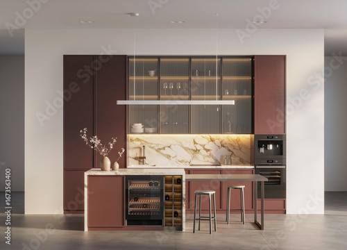 Fototapeta Naklejka Na Ścianę i Meble -  Modern elegant kitchen interior with color kitchen cabinets,  elegant marble accents and white walls. Minimalistic design. 3d image, 3d render	
