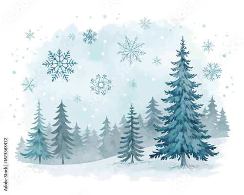 Winter snowflakes & pine trees in watercolor style