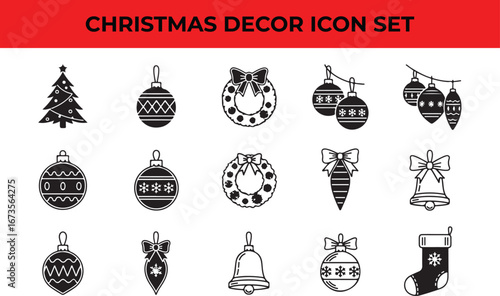 Christmas decor icon set featuring festive tree, ornament, wreath, bow, bell, and stocking for holiday celebrations and winter season designs