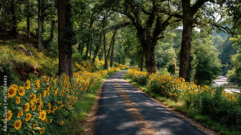 Fototapeta premium Sunflowers line a country road through a lush forest