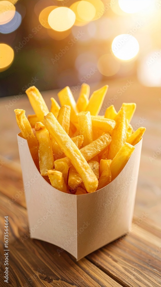 Golden French Fries in a Paper Carton on Wooden Table. Golden French Fries in a Paper Carton on Wooden Table.