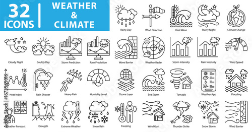 Weather and climate icon set including storm, rain, wind, heat, flood, drought, tornado, humidity, weather radar, and climate change for forecasting and environment.