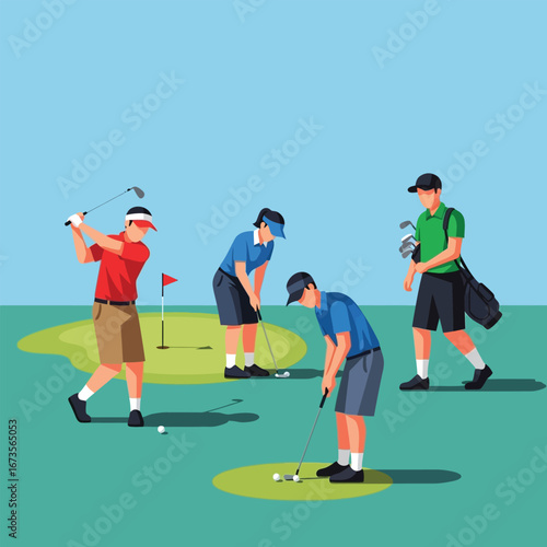Four golfers on a green course, one swinging club, others preparing to hit, and one carrying clubs.