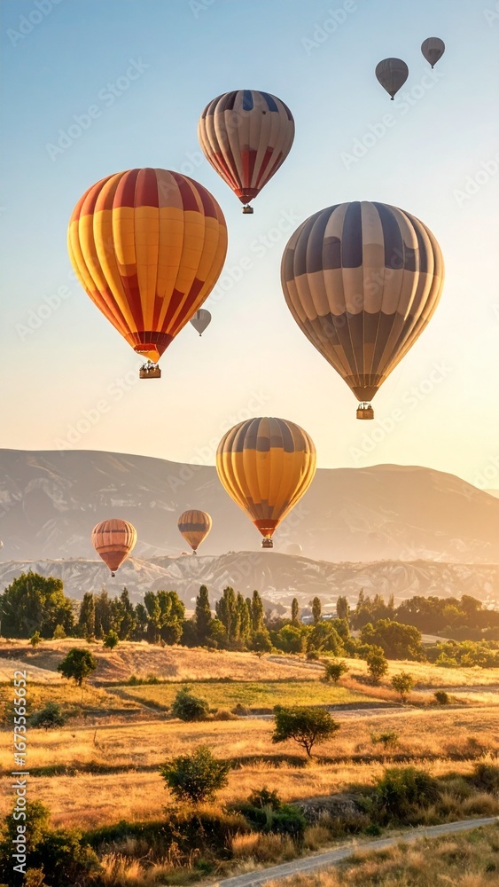 Obraz premium Colorful Hot Air Balloons Soaring Over Scenic Landscape at Sunrise.
