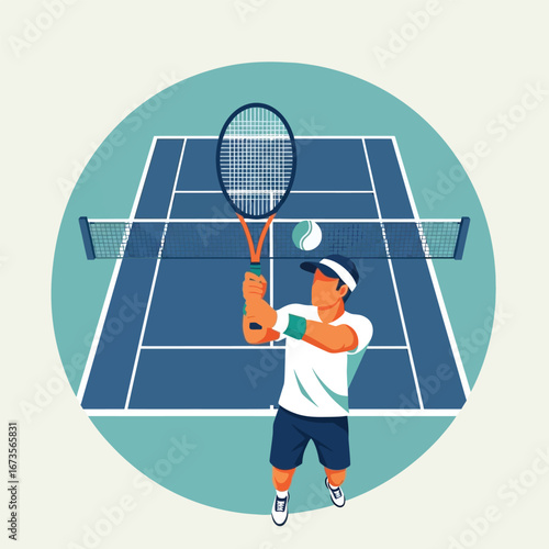 Tennis player hitting a ball on a court with a racket, set against a circular backdrop.