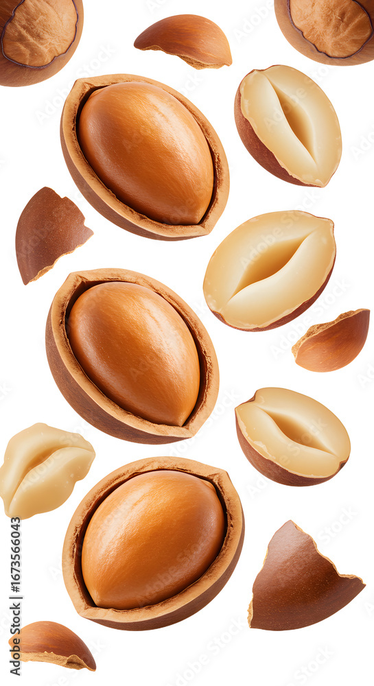 Fototapeta premium Close-up of shelled and unshelled argan nuts isolated on white background, healthy superfood ingredient perfect for cooking and beauty products