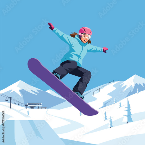 A female snowboarder in mid-air performing a jump on a snowy mountain landscape with ski lifts.