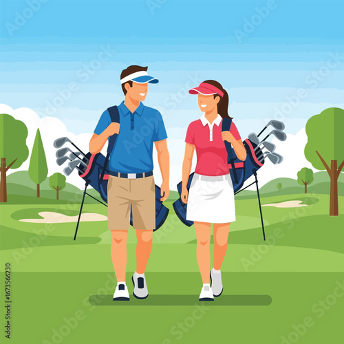 A couple in golf attire walking a golf course, carrying golf bags.
