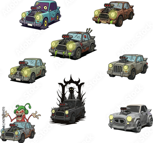 Cartoon stylized cars collection with horror, fantasy, adventure, and vintage themes for creative projects, games, and stock illustration use.