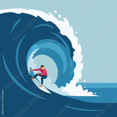 A stylized illustration of a surfer riding a large ocean wave.