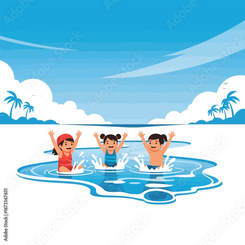Three children splashing and playing in a shallow pool of water at a beach scene.