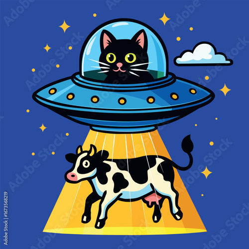 Funny Alien cat kidnaps cow, funny children's vector illustration