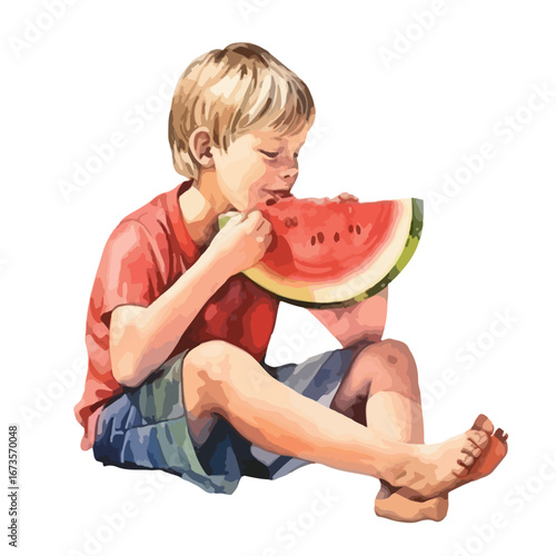 Blond Boy Enjoying a Large Slice of Watermelon with Seeds Sitting CrossLegged