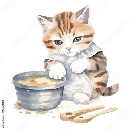Adorable Kitten Preparing Food with Bowl and Wooden Spoons Watercolor Style