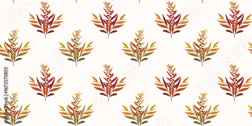 Horizontal seamless pattern with autumnal colorful twigs and berries in a bouquet. Hand drawn flat vector illustration. Universal design for background, fabric print, web, packaging, wallpaper.
