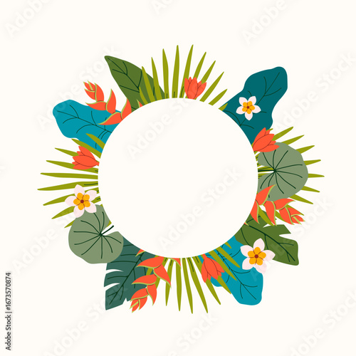 Tropical round wreath with blue and green leaves, red and white flowers. Flat hand drawn vector illustration. Design for branding, card, poster, menu, scrapbooking, invitation, packaging, decor