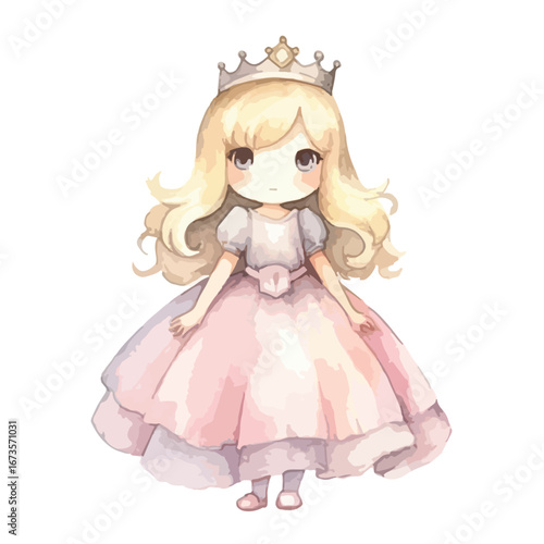 Adorable Watercolor Princess with Golden Crown and Flowing Blonde Hair