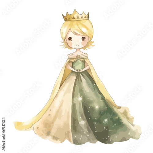 Adorable Watercolor Princess with Golden Crown and Flowing Gown
