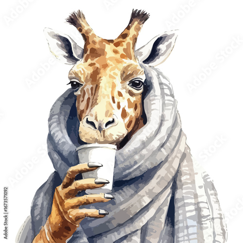 Anthropomorphic Giraffe Sipping Coffee Wrapped in a Cozy Gray Scarf