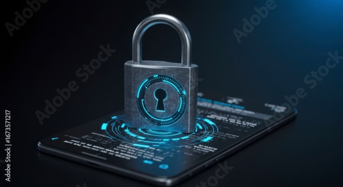 Padlock on a digital tablet with a laptop and phone symbolizes the concept of wireless communication security