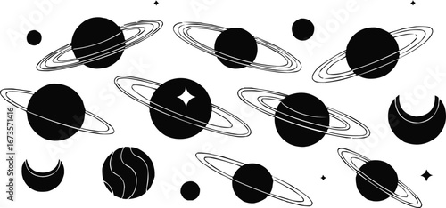 Black and white space planets with rings crescent moon and star vector set for astronomy illustration and t shirt design