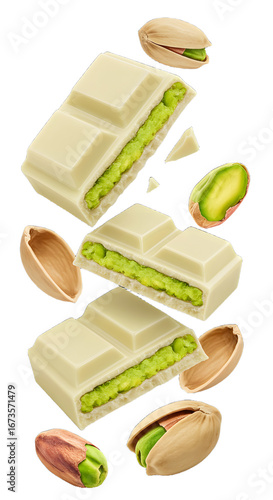 White chocolate bars filled with green pistachio cream and scattered whole pistachio nuts, ideal for dessert recipes and gourmet presentations
