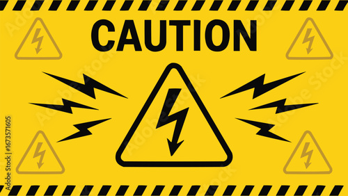 Caution warning sign with electric hazard symbol and yellow black safety banner vector illustration for industrial danger design