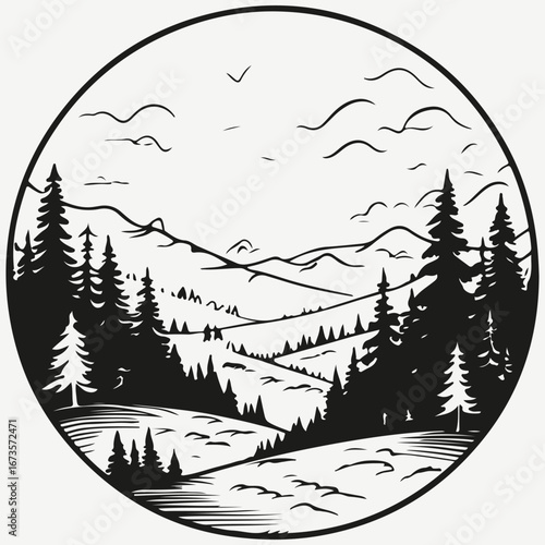Forest landscape circle sketch illustration vector