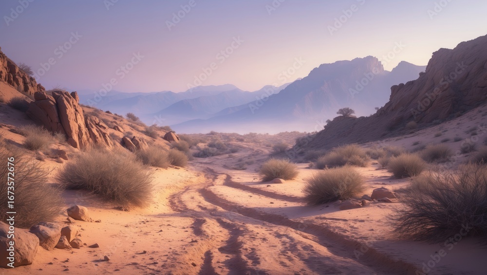 Naklejka premium Desert landscape with rocky formations, dry soil, and sparse bushes, under a sky with soft light and distant mountains.