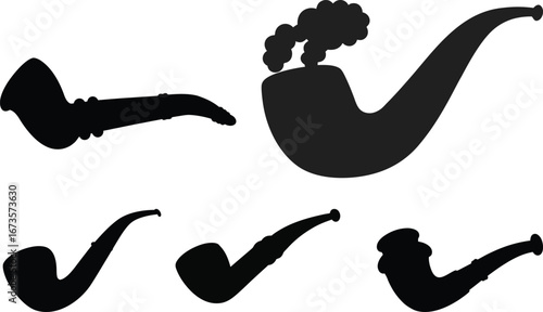 Various Black Smoking Pipes Silhouettes on a White Background in Vector Format.