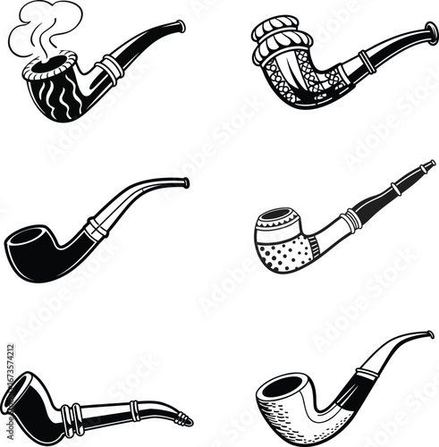 Collection of ornate and simple black and white tobacco smoking pipes.