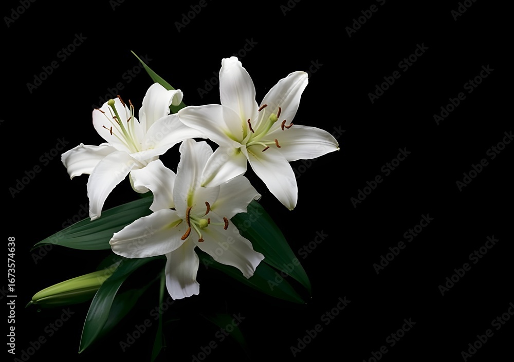 Obraz premium Elegant white lilies bloom against a stark black background