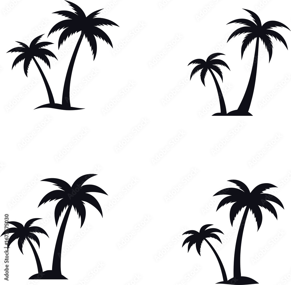 Fototapeta premium Palm tree vector set in multiple silhouette styles, ideal for tropical summer branding, travel flyers, exotic beach posters, and holiday promotions.