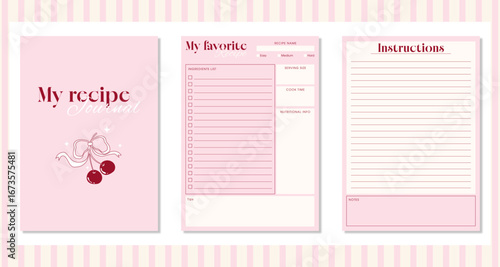 Cute pink recipe journal template. Trendy printable cooking planner with ingredients, instructions and note pages.Cookbook Y2k style. Vector illustration