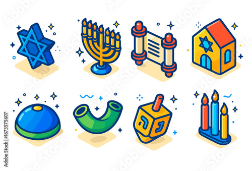 Colorful hanukkah symbols star of david, menorah, torah scroll, synagogue, dreidel, candles