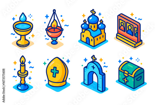 Colorful christian symbols collection icons of faith and worship