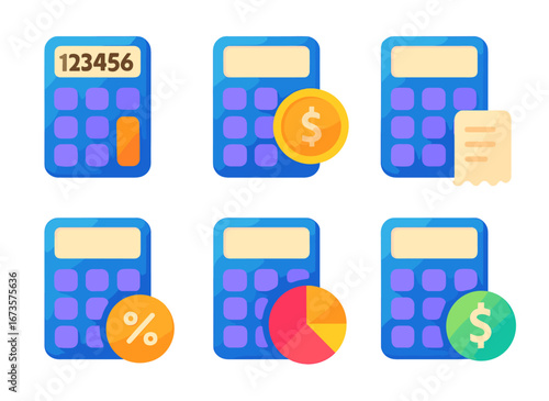 Colorful calculators with various financial icons and functions