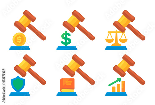 Collection of legal and financial icons featuring gavels and symbols