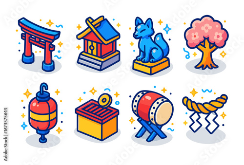 Colorful japanese icons set featuring torii gate, shrine, fox statue, cherry blossom, lantern, box, drum, rope